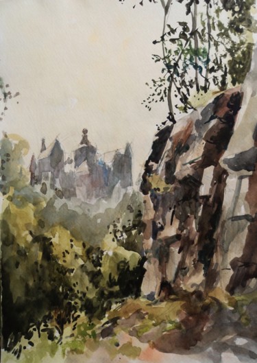 Painting titled "Château dans la bru…" by Claude Hardenne, Original Artwork