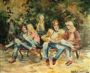 Peinture intitulée "Amoureux des bancs…" par Claude Hardenne, Œuvre d'art originale