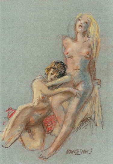 Dessin intitulée "Deux amies" par Claude Hardenne, Œuvre d'art originale