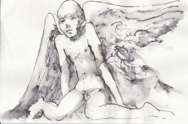 Drawing titled "Angelot triste" by Claude Hardenne, Original Artwork
