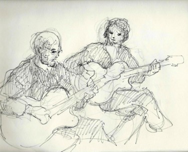 Painting titled "Deux guitaristes" by Claude Hardenne, Original Artwork