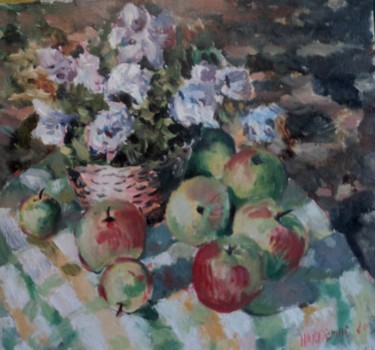 Painting titled "Fleurs et pommes" by Claude Hardenne, Original Artwork