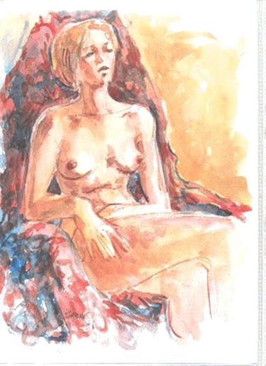 Painting titled "Nu au rocking chair" by Claude Hardenne, Original Artwork, Watercolor