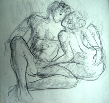 Drawing titled "Le baiser" by Claude Hardenne, Original Artwork, Charcoal
