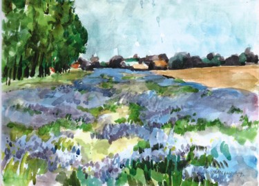 Malerei mit dem Titel "Fleurs bleues" von Claude Hardenne, Original-Kunstwerk, Aquarell