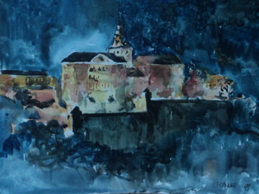 Painting titled "L'abbaye la nuit" by Claude Hardenne, Original Artwork, Watercolor