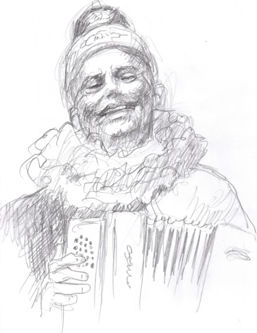 Drawing titled "Accordéoniste" by Claude Hardenne, Original Artwork, Pencil