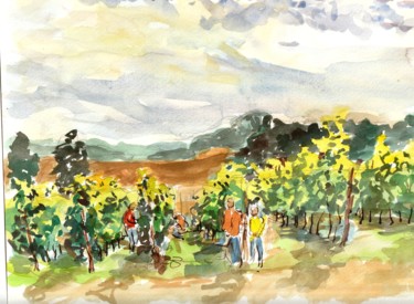 Painting titled "dans le vignoble" by Claude Hardenne, Original Artwork, Watercolor