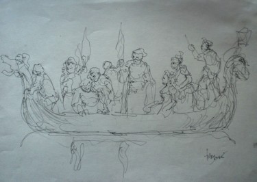 Drawing titled "la barque aux espri…" by Claude Hardenne, Original Artwork, Ink