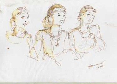 Drawing titled "trois Ukrainiennes" by Claude Hardenne, Original Artwork, Ink