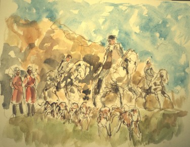 Pittura intitolato "Chasse à courre" da Claude Hardenne, Opera d'arte originale, Acquarello