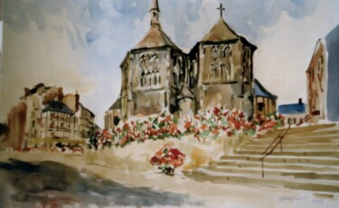 Painting titled "Honfleur, l'église…" by Claude Hardenne, Original Artwork, Watercolor