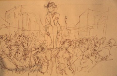 Drawing titled "L'Idole dans la cité" by Claude Hardenne, Original Artwork, Ink