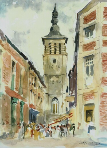 Painting titled "Namur; clocher de S…" by Claude Hardenne, Original Artwork, Watercolor