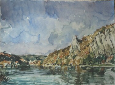 Painting titled "la Meuse près de Na…" by Claude Hardenne, Original Artwork, Watercolor