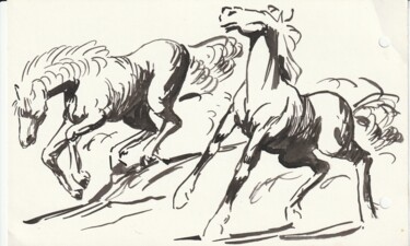 Zeichnungen mit dem Titel "2 chevaux galopant" von Claude Hardenne, Original-Kunstwerk, Tinte