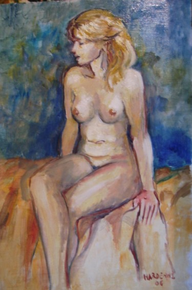 Peinture intitulée ""Nue et assise"" par Claude Hardenne, Œuvre d'art originale