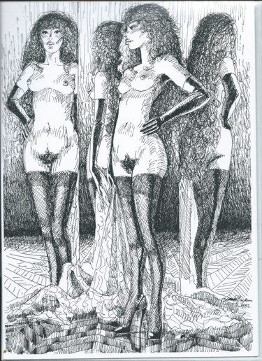 Dessin intitulée "femme aux miroirs" par Claude Hardenne, Œuvre d'art originale