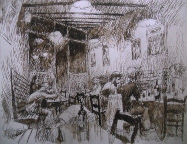 Dessin intitulée "Café de nuit" par Claude Hardenne, Œuvre d'art originale