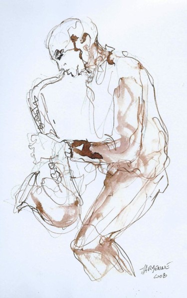 Tekening getiteld "Steve Houben au sax…" door Claude Hardenne, Origineel Kunstwerk