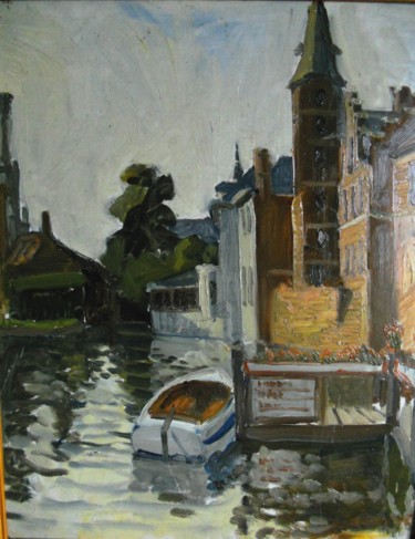 Peinture intitulée "Bruges: l'embarcadè…" par Claude Hardenne, Œuvre d'art originale