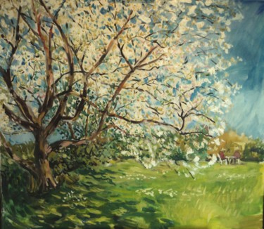 Peinture intitulée "Cerisier en fleurs" par Claude Hardenne, Œuvre d'art originale