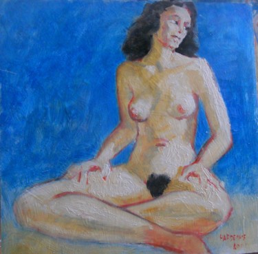 Painting titled "Nu sur fond bleu" by Claude Hardenne, Original Artwork, Oil