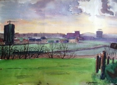 Painting titled "Vue vers Bruxelles" by Claude Hardenne, Original Artwork, Watercolor