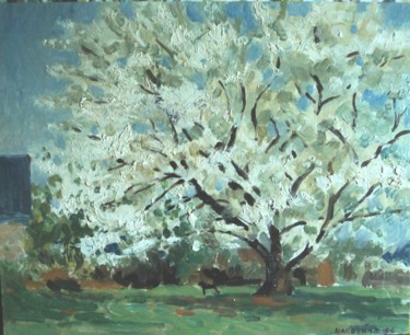Painting titled "cerisier en fleur" by Claude Hardenne, Original Artwork, Oil