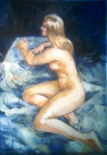 Painting titled "Naked in blue" by Claude Hardenne, Original Artwork, Oil