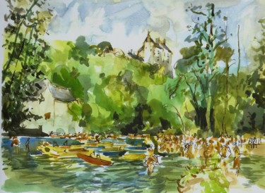 Peinture intitulée "La Lesse, les kayak…" par Claude Hardenne, Œuvre d'art originale