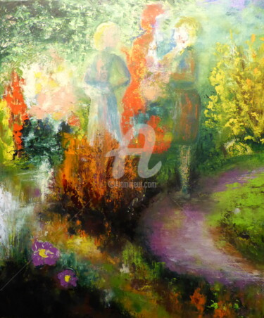 Peinture intitulée "Discussion au jardi…" par Claude Julia (CJULIA), Œuvre d'art originale, Huile
