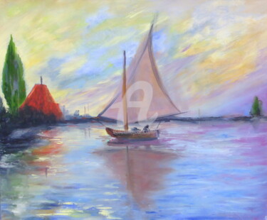 Peinture intitulée "Le voilier arrive à…" par Claude Julia (CJULIA), Œuvre d'art originale, Huile
