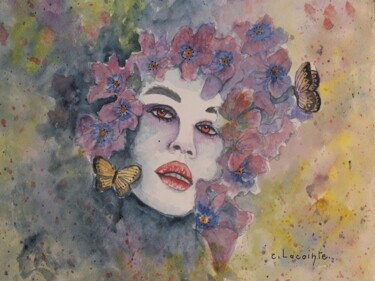 Ζωγραφική με τίτλο "visage aux papillons" από Claude Lacointe, Αυθεντικά έργα τέχνης, Ακουαρέλα