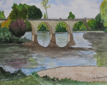 Ζωγραφική με τίτλο "pont sur la dordogne" από Claude Lacointe, Αυθεντικά έργα τέχνης, Ακουαρέλα