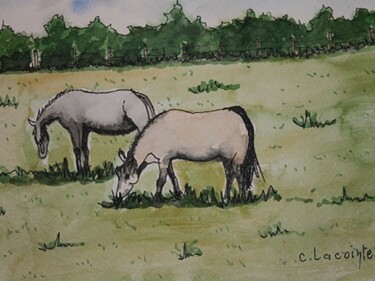 Peinture intitulée "les chevaux" par Claude Lacointe, Œuvre d'art originale, Aquarelle