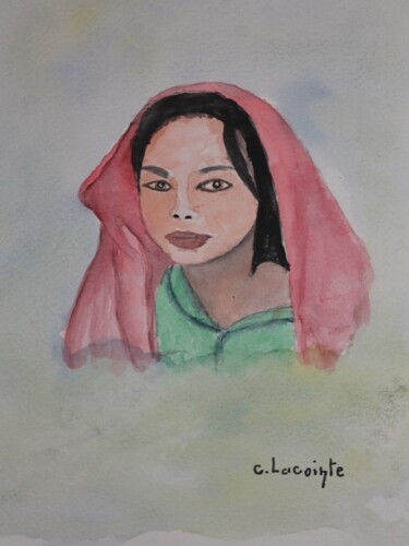 Painting titled "visage d'enfant(2)" by Claude Lacointe, Original Artwork, Watercolor