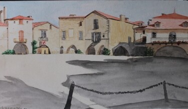 Painting titled "monpazier(lot)" by Claude Lacointe, Original Artwork, Watercolor