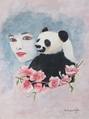 Peinture intitulée "visage au panda" par Claude Lacointe, Œuvre d'art originale, Aquarelle