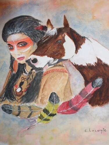 Painting titled "indienne et son che…" by Claude Lacointe, Original Artwork, Watercolor