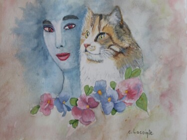 Painting titled "visage au chat" by Claude Lacointe, Original Artwork, Watercolor