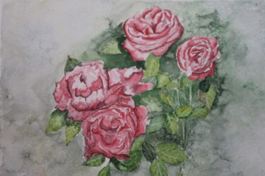 Картина под названием "les roses de mon ja…" - Claude Lacointe, Подлинное произведение искусства, Акварель