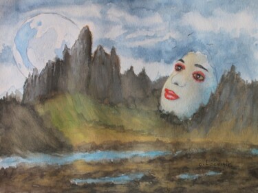Pintura titulada "visage a la lune" por Claude Lacointe, Obra de arte original, Acuarela