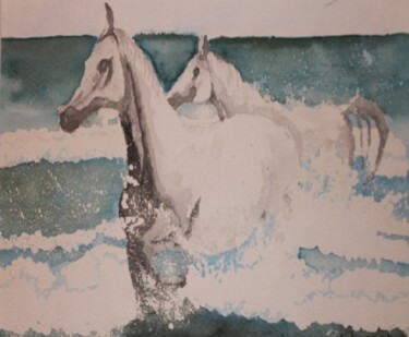 Картина под названием "les chevaux de cama…" - Claude Lacointe, Подлинное произведение искусства, Акварель