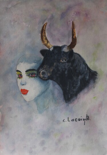 Peinture intitulée "le taureau" par Claude Lacointe, Œuvre d'art originale, Aquarelle