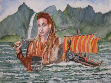 Malerei mit dem Titel "la femme viking" von Claude Lacointe, Original-Kunstwerk, Aquarell