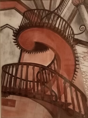 Σχέδιο με τίτλο "Tournure" από Claude Lali, Αυθεντικά έργα τέχνης, Κάρβουνο Τοποθετήθηκε στο Ξύλινο φορείο σκελετό