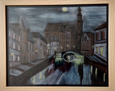 Painting titled "Bruges" by Claude Lali, Original Artwork, Watercolor Mounted on Other rigid panel