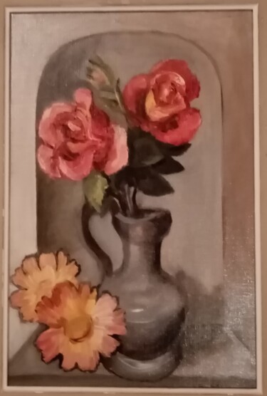 Painting titled "Vase" by Claude Lali, Original Artwork, Oil Mounted on Wood Stretcher frame