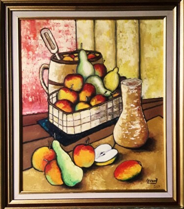 Painting titled "pommes poires" by Claude Lamamy, Original Artwork, Oil Mounted on Wood Stretcher frame
